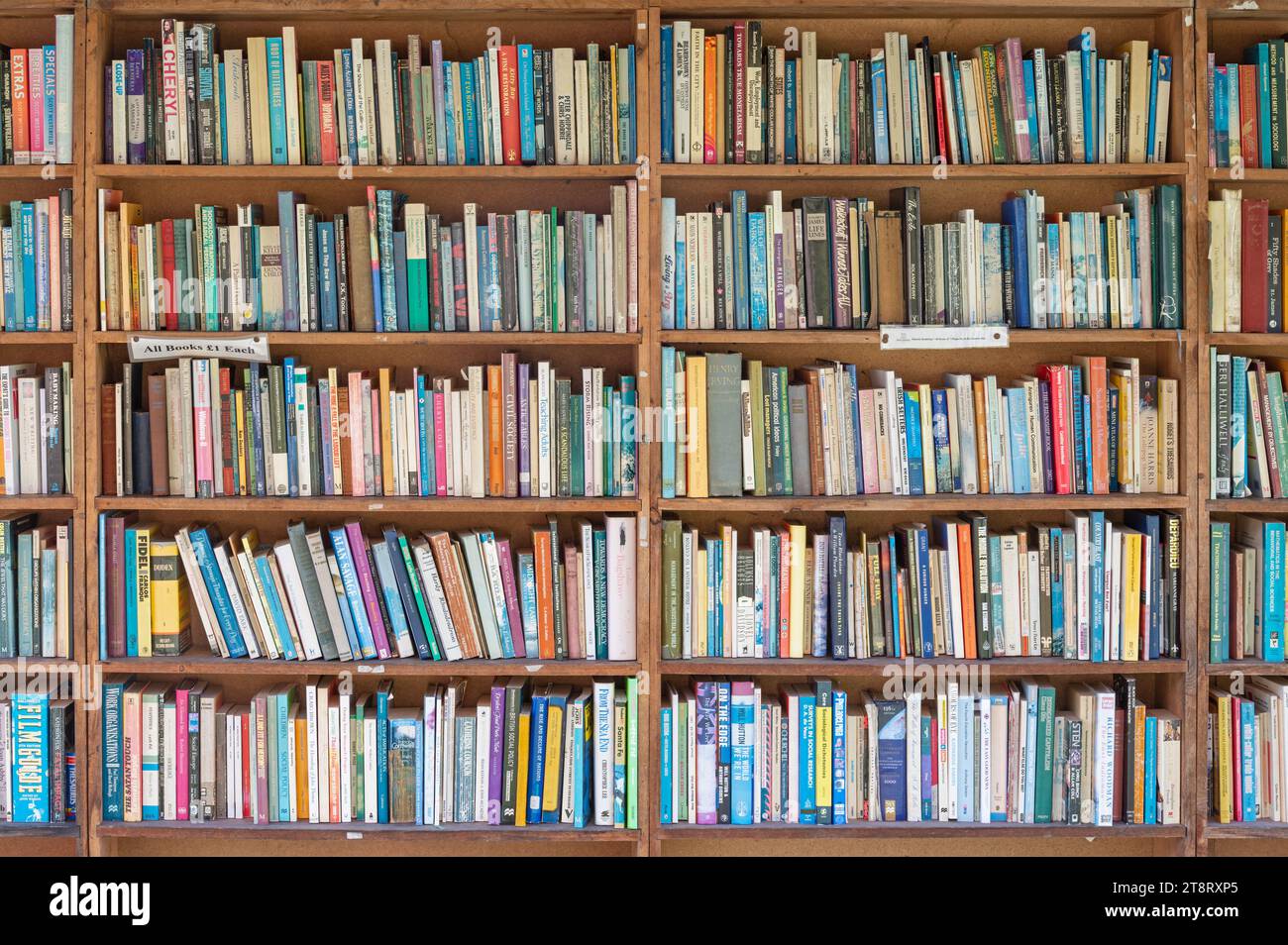 Libri di seconda mano in vendita presso la Honesty Bookshop all'aperto di fronte al castello di Hay a Hay-on-Wye, Powys, Galles, Regno Unito. Foto Stock