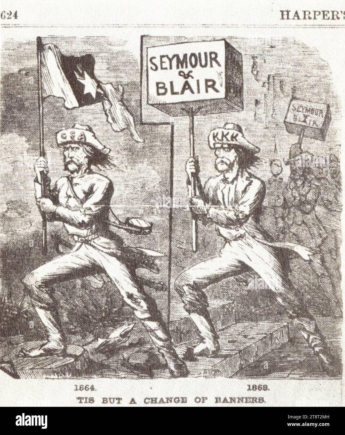 Cartone animato del 1868 ("Tis but a change in banner"), questo cartone animato di Frank Bellew è un esempio di "sventolare la camicia sanguinosa" - il tentativo repubblicano di collegare il partito democratico con la secessione e la causa confederata. Foto Stock