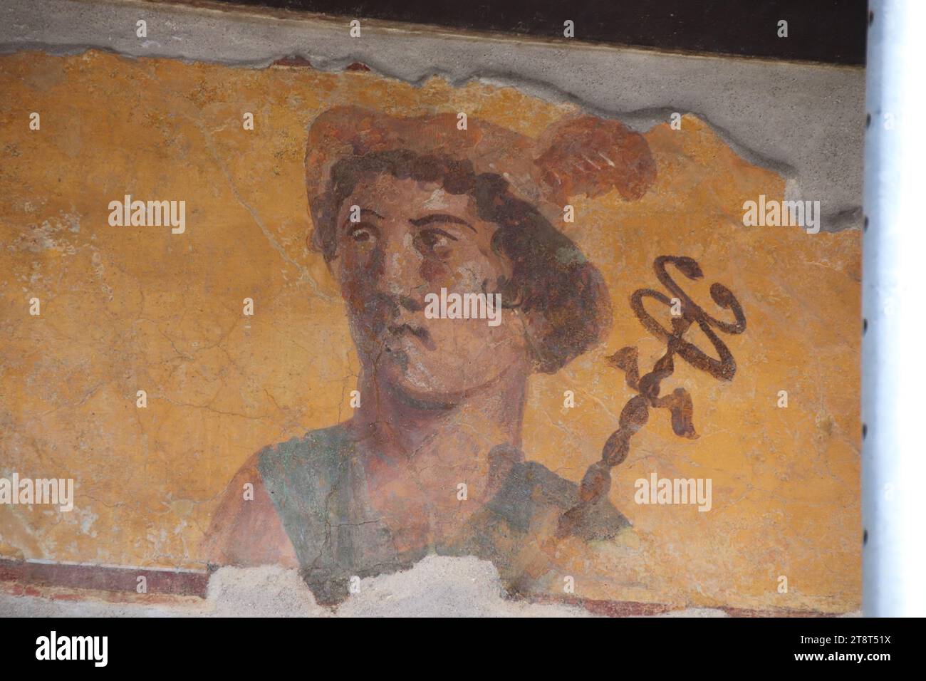 Scavi di Pompei affresco, resti della città romana sepolta dall'eruzione del Monte Vesuvio nel 79 d.C. e scavato in tempi moderni, Italia Foto Stock