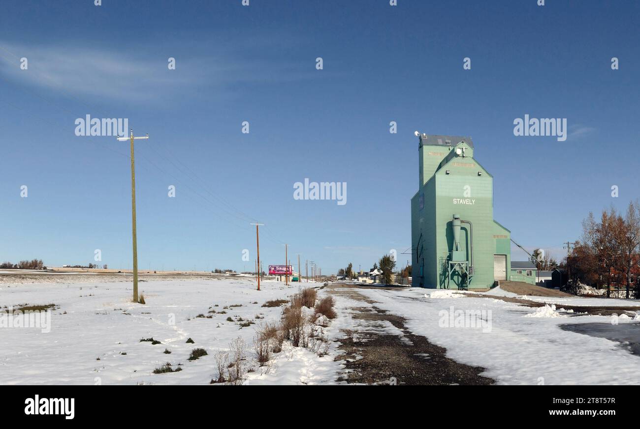 Stavely, Alberta Grain Elevator, Grain Elevators, che sono stati variamente indicati come icone delle praterie, cattedrali delle praterie o sentinelle delle praterie, sono un simbolo visivo del Canada occidentale. Contando fino a 5.758 nel 1933, gli ascensori hanno dominato il paesaggio della prateria per più di un secolo, con ogni villaggio, villaggio e città che vantano la sua fila, una dichiarazione della vitalità economica di una comunità e della forza agricola di una regione Foto Stock