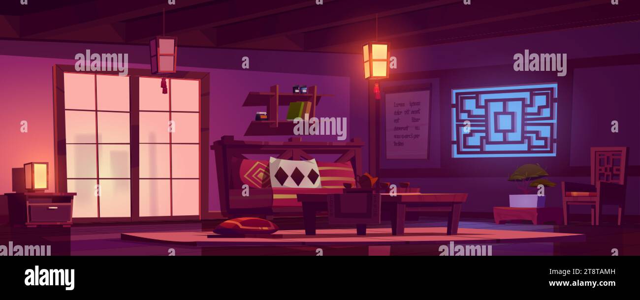 Camera di design in stile cinese in serata con tavolo per la cerimonia del tè sotto la luce di lanterne, porte e finestre, divano e decorazioni tradizionali. Cartone animato V Illustrazione Vettoriale