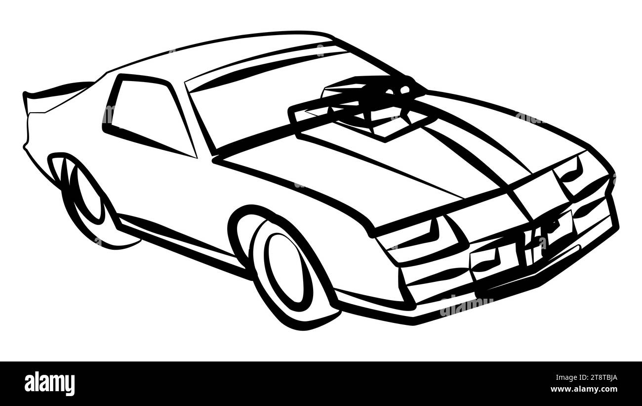 Profilo della muscle car isometrica per corse di drag racing con un grande carburatore da corsa sul cofano isolato su bianco. Clipart vettoriale. Illustrazione Vettoriale