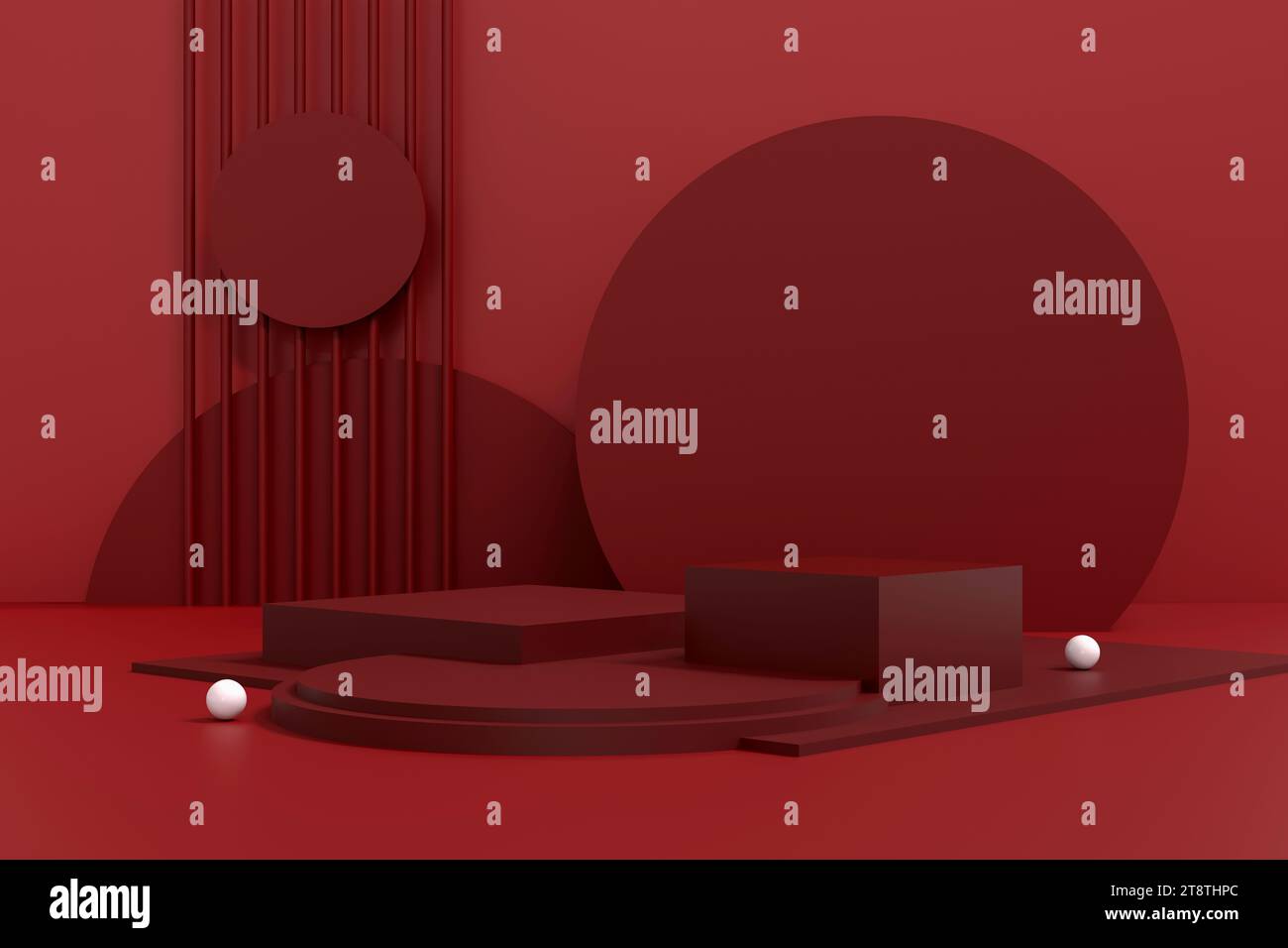 Realistico podio a piedistallo cilindrico 3D rosso scuro con sfondo a strati ondulati. Vetrina del prodotto mockup della scena minimalista astratta, promozione dis Foto Stock
