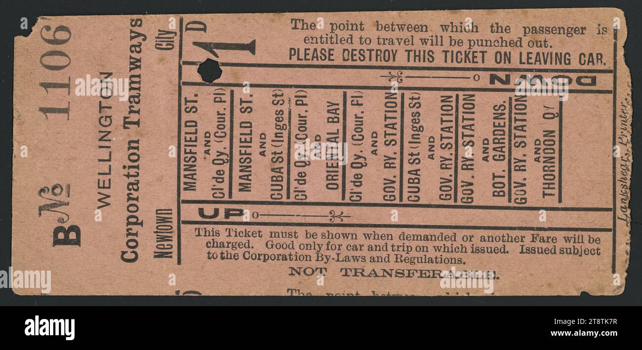 Wellington, New Zealand Corporation Tramways: Wellington, New Zealand Corporation Tramways B no 1106. Newtown - City 1904, un biglietto da un penny con una clip. Il testo recita: "Per favore distruggi questo biglietto uscendo dall'auto"; "non trasferibile". Sono elencati i percorsi: Da Mansfield Street a Clyde Quay; da Mansfield Street a Cuba Street (Ingestre St); Clyde Quay (Courtenay Place) a Oriental Bay; da Clyde Quay (Courtenay Place) a Gov. Railway Station; da Cuba St (Ingestre St) a Gov. Railway Station e Bot. Giardini; stazione ferroviaria di Gov e Thorndon Quay Foto Stock