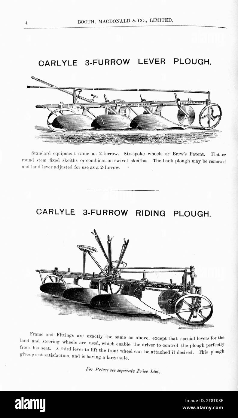 Stand, Macdonald & Co. Ltd.: Aratro Carlyle a 3 solchi e aratro Carlyle a 3 solchi. 1907, mostra le illustrazioni di entrambi gli aratri Foto Stock