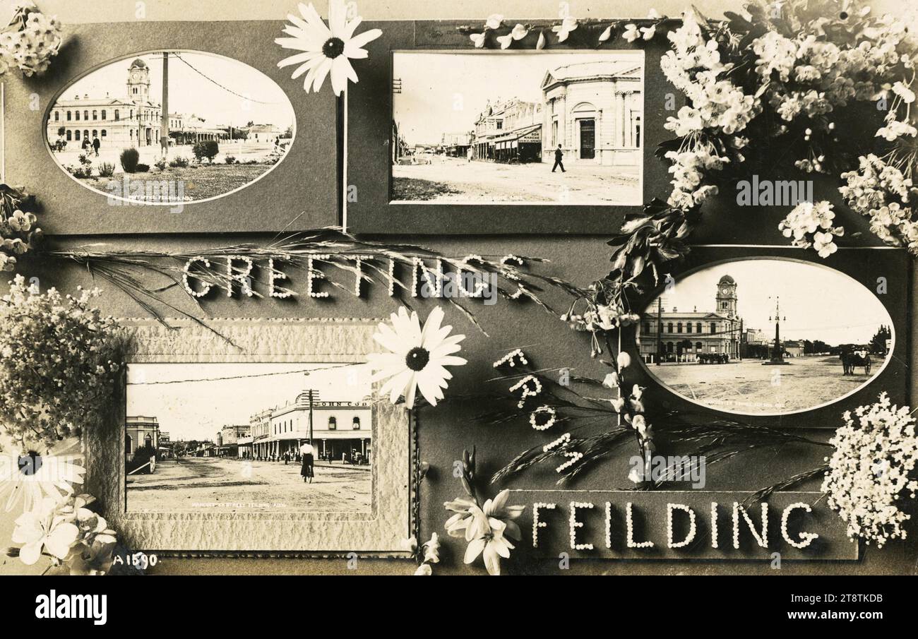 Cartolina. Saluti da Feilding. A1590. Cartolina nuova Zelanda (carta postale). La serie Aldersley CA 1910 mostra una fotografia di una disposizione di quattro fotografie da cartolina intervallate da decorazioni floreali. Le quattro fotografie sono di: Feilding Post Office, Fergusson Street con il negozio Spence & Spence Bon Marche sulla destra; Manchester Street; e Manchester Square Foto Stock