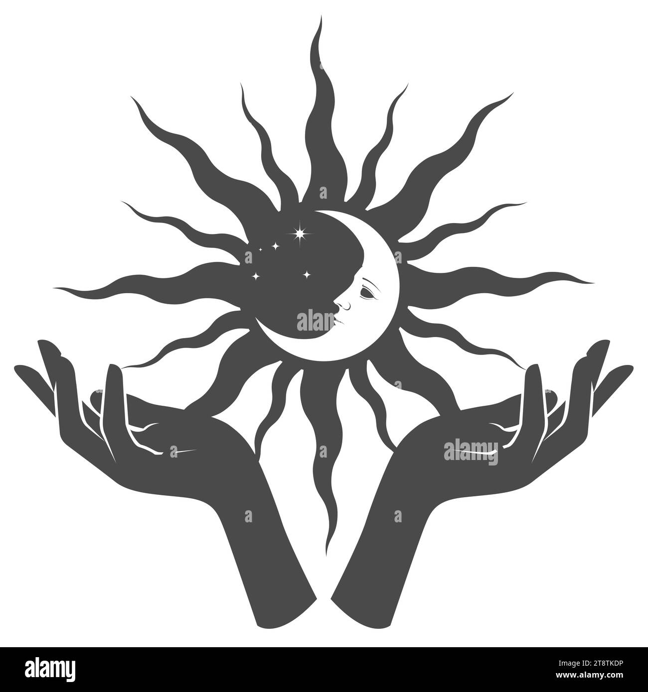 Le mani delle donne reggono il sole nero con la luna all'interno su palme, occultismo e misticismo, incantesimi magici e stregoneria, vettoriale Illustrazione Vettoriale