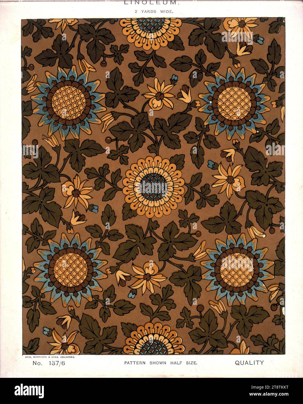 George Harrison & Co (Bradford): Linoleum, largo 2 metri. Motivo floreale vittoriano e foglie. N. 137/6. Schema mostrato a metà dimensione. Anni '1880?, mostra un motivo floreale e a foglie, le foglie a forma libera, ma i fiori ricordano il design a torta giapponese Foto Stock