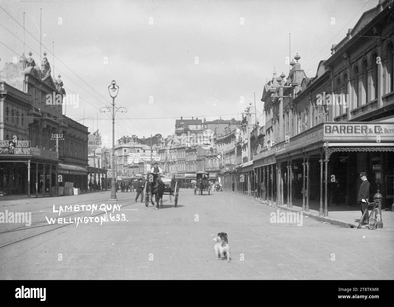 Lambton Quay, Wellington, nuova Zelanda, Vista guardando lungo Lambton Quay verso la Kelburn Cable Car Lane dall'angolo dei contadini di Wairarapa, con l'Occidental Hotel (sito di Kirkcaldie e macchie) sulla sinistra, il Dresden piano Company (sito del D.I.C) centro indietro, e le case lungo la Terrazza sopra il Quay in lontananza., circa 1910 Foto Stock Lambton Quay, Wellington, nuova Zelanda, Vista guardando lungo Lambton Quay verso la Kelburn Cable Car Lane dall'angolo dei contadini di Wairarapa, con l'Occidental Hotel (sito di Kirkcaldie e macchie) sulla sinistra, il Dresden piano Company (sito del D.I.C) centro indietro, e le case lungo la Terrazza sopra il Quay in lontananza., circa 1910 Foto Stock