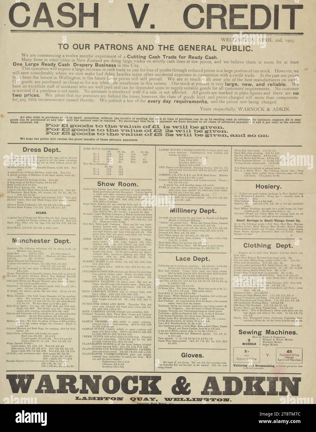 Warnock & Adkin: Contanti contro credito, per i nostri clienti e il pubblico in generale. Wellington, nuova Zelanda, 2 aprile 1903. Evening Post Print - 4611, disposizione del testo con l'elenco dei reparti che offrono prezzi speciali: Reparto abbigliamento, reparto Manchester, Show Room, reparto Millinery, reparto Lace, guanti, calzetteria, reparto abbigliamento, macchine da cucire Foto Stock