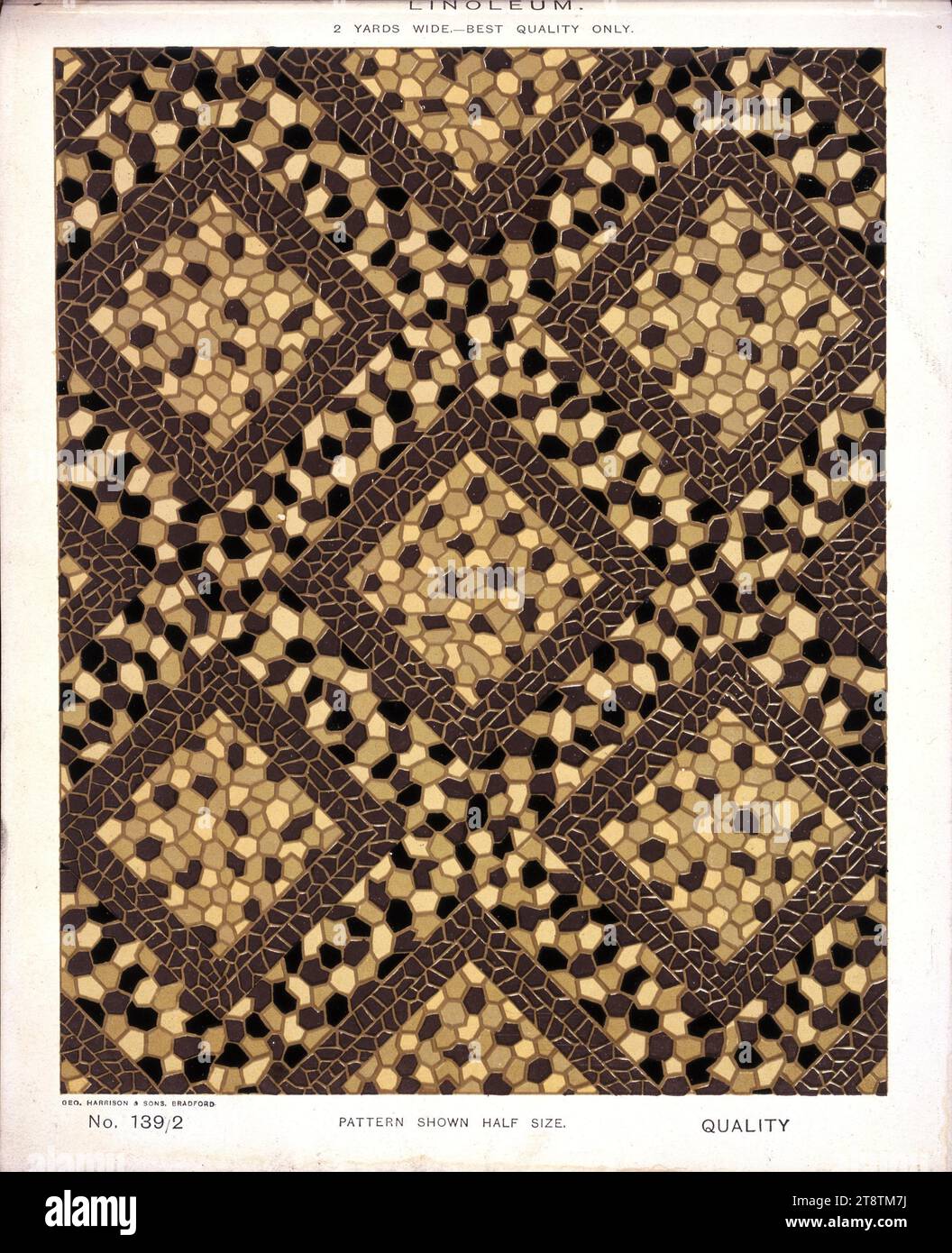 George Harrison & Co (Bradford): Linoleum, largo 2 metri, solo la migliore qualità. Schema a mosaico geometrico diagonale. N. 139/2. Schema mostrato a metà dimensione. 1880s?, mostra un motivo geometrico diagonale a mosaico a chip grezzo nelle sfumature del marrone Foto Stock