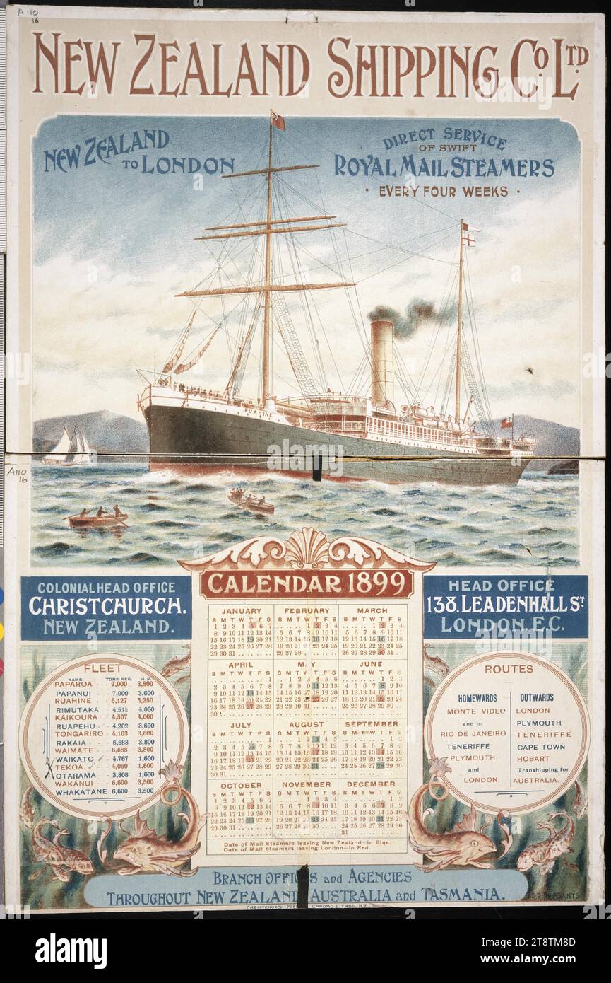 Presants, Philip Robert, 1867-1942: New Zealand Shipping Co. Ltd Calendario 1899, mostra la nave a vela a vapore "Ruahine" con due barche a remi in primo piano. La metà inferiore contiene il calendario, fiancheggiato da, (a sinistra) un elenco di barche della flotta e (a destra) le rotte seguite dalla flotta. Alcuni pesci decorano questi pannelli Foto Stock