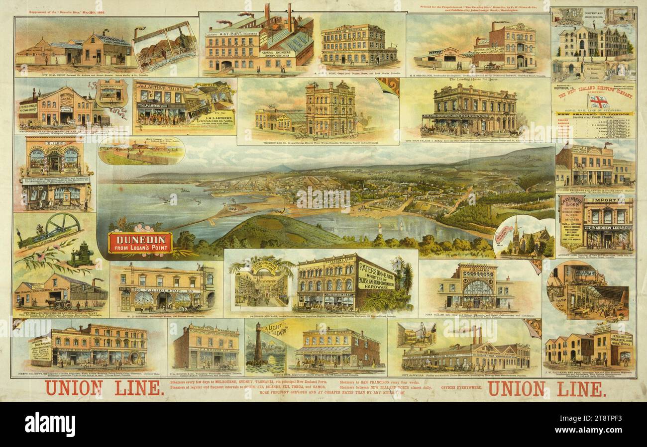 Union Steam Ship Company of New Zealand: Dunedin dal Logan's Point e vista degli edifici di Dunedin. Supplemento della Dunedin Star, 15 maggio 1893, mostra una vista di Dunedin dal punto di Logan al centro. Intorno a sinistra (in senso orario) ci sono: James Macfie & Co City Coal Depot; James Duthie & Co's Colonial Carrying Company of New Zealand, J & J Arthur (sarti); A & T Burt (ingegneri); Thomson & Co.. Crystal Springs Mineral Water Works; H e Shacklock (fondatore e ingegnere del ferro); Joseph Mackay City Boot Palace; St Domonic's Convent and High School; W Melville's Cyclists' Exchange Foto Stock