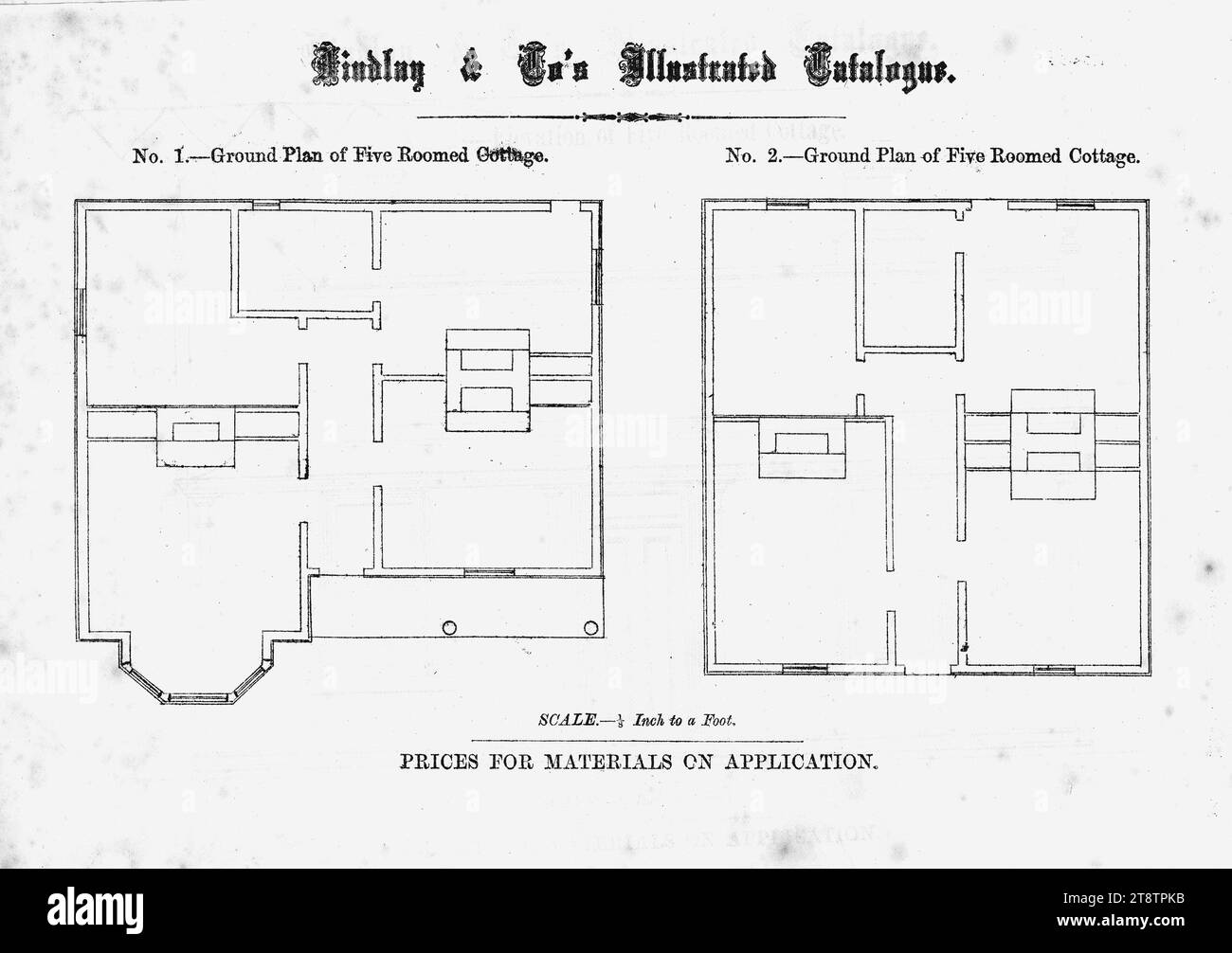 Findlay & Co.: Catalogo illustrato di Findlay and Co. N.1. Piano terra di un cottage a cinque camere. N.2. Piano terra di un cottage a cinque camere. Scala da 1/8 pollici a un piede. Prezzi del materiale in applicazione. 1874, mostra due piani di cottage. Entrambi hanno tre caminetti. Uno ha una finestra a bovindo e una veranda Foto Stock