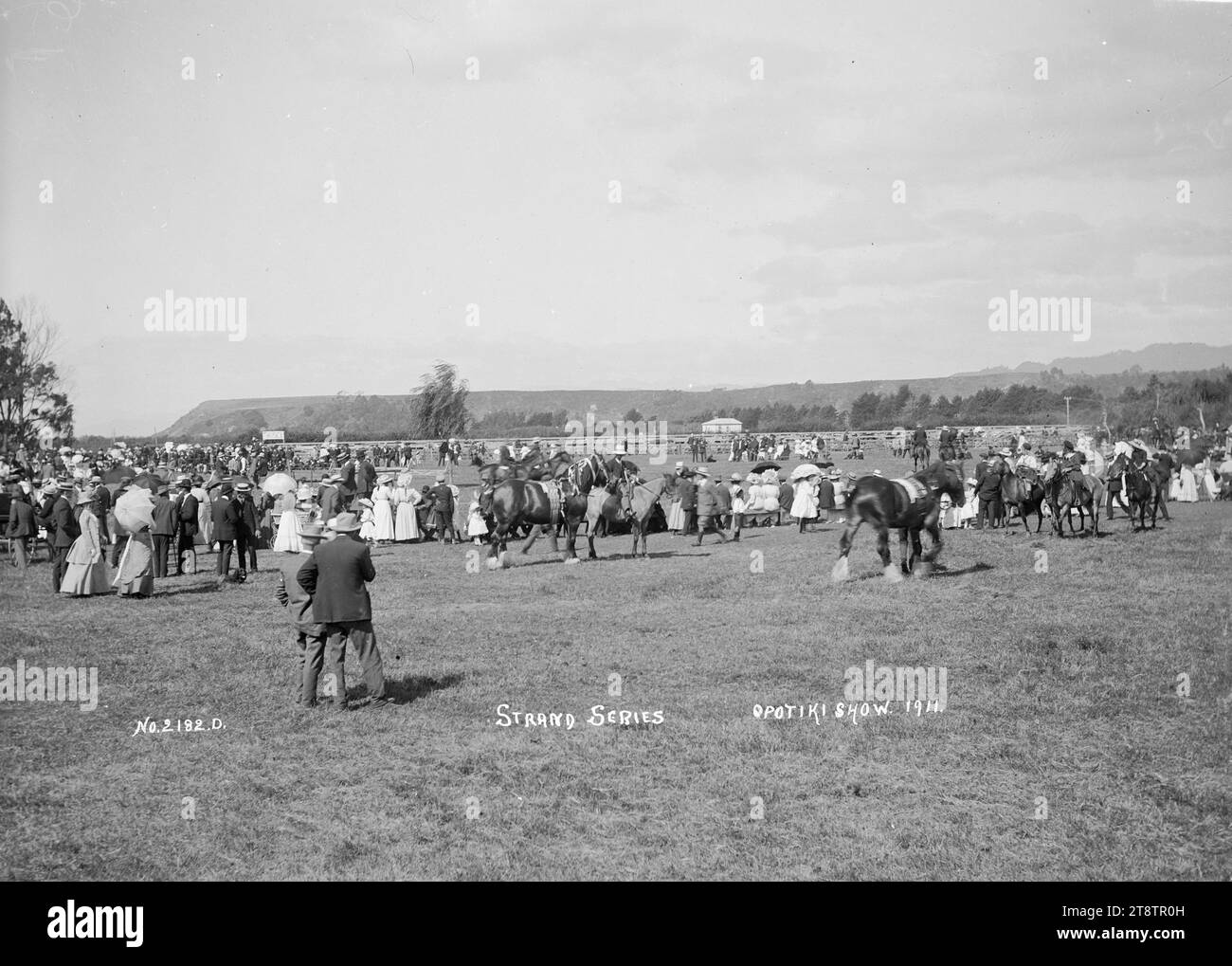 Veduta dello spettacolo Opotiki A & P, 1911, veduta dello spettacolo agricolo e pastorale a Opotiki nel 1911. C'è una grande folla a sinistra, con cavalli da tiro in primo piano e cavalli da cavallo a destra. Molte donne nel pubblico portano degli ombrelli Foto Stock