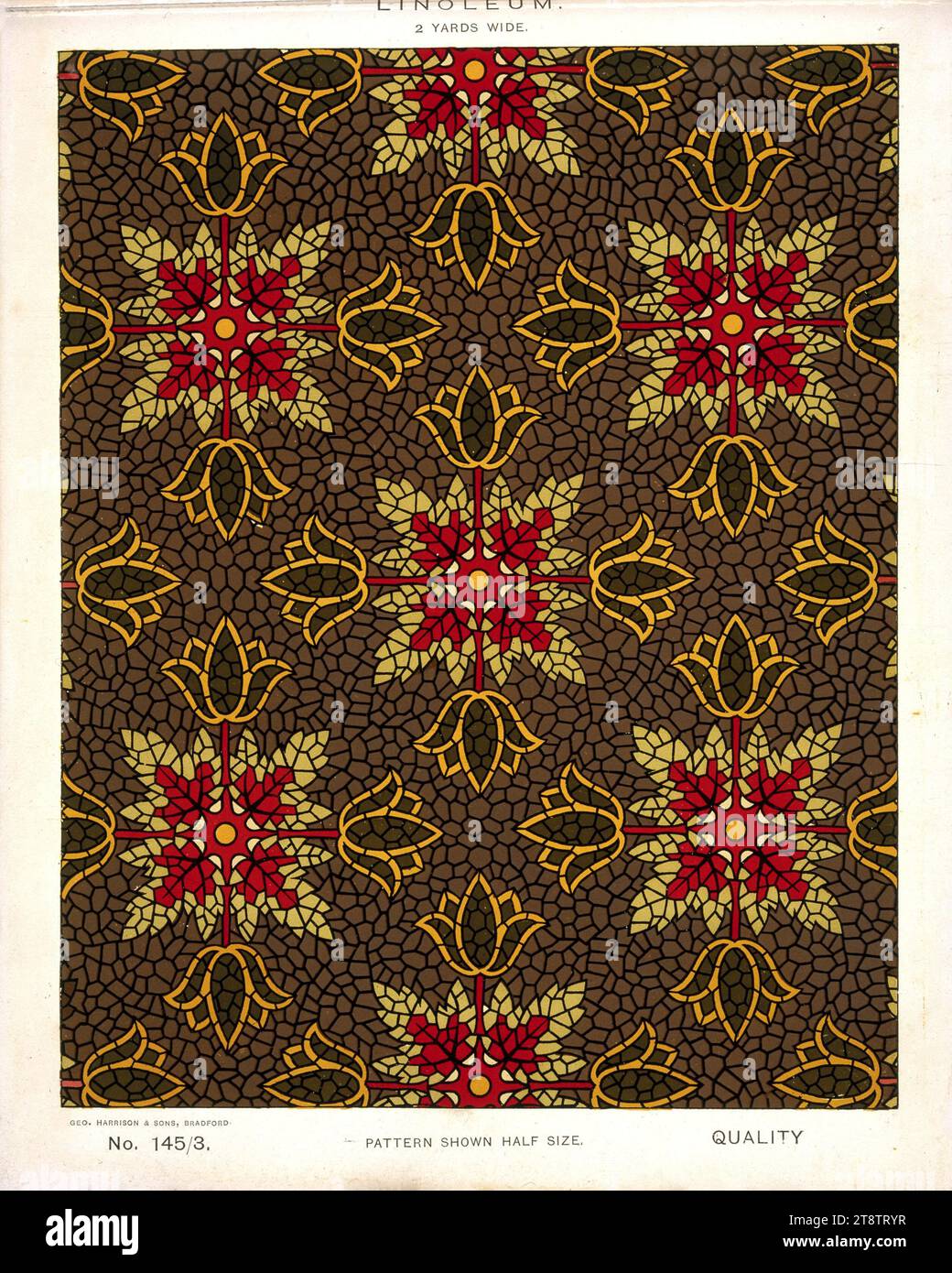 George Harrison & Co (Bradford): Linoleum, largo 2 metri. Motivo floreale a mosaico vittoriano. N. 145/3. Schema mostrato a metà dimensione. 1880s?, mostra un motivo formale a quattro lati floreale e a foglie, con sfondo semplice, tutto a mosaico Foto Stock