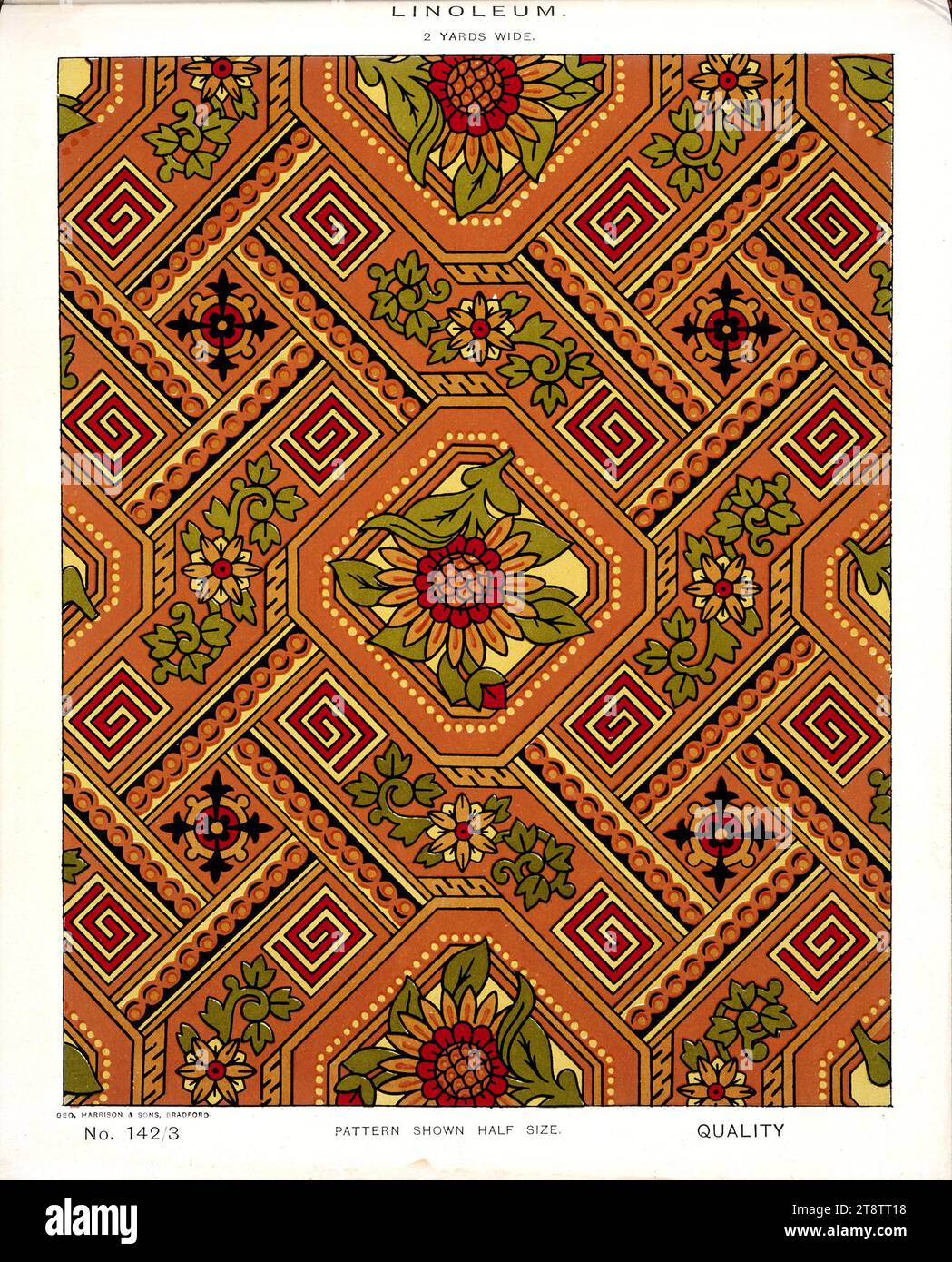George Harrison & Co (Bradford): Linoleum, largo 2 metri. Motivi floreali e a foglia in stile vittoriano. N. 142/3. Schema mostrato a metà dimensione. 1880s?, mostra un motivo floreale e a foglia, all'interno di pannelli diagonali che mostrano un'influenza orientale (cinese o giapponese) Foto Stock