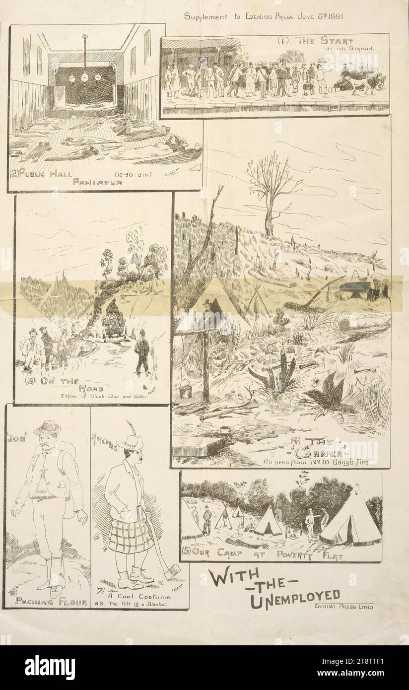Forsyth fl 1891: Con i disoccupati; supplemento a Evening Press, 6 giugno 1891, mostra 7 piccole scene, intitolate: (1) The START, (2)sala pubblica Pahiatua 12,30 AM, (3) on the Road; 5 km di lucentezza, colla e acqua, (4) "The Corner" come visto dal No. 10 Gang's Fire, (5) il nostro campo a Poverty Flat, (6) Joe impacchettando farina, (7) Archie, un fantastico costume. N.B. il kilt è una coperta Foto Stock