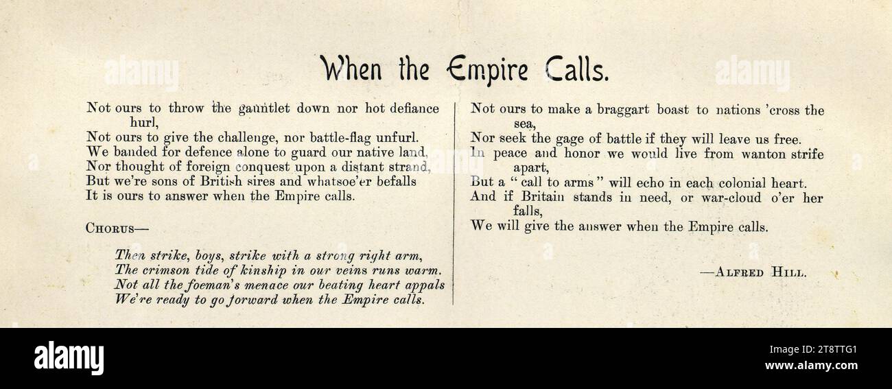 Hill, Alfred Francis, 1870-1960: Quando l'Impero chiama. Parole di canzone. 1900, due versi e un coro Foto Stock