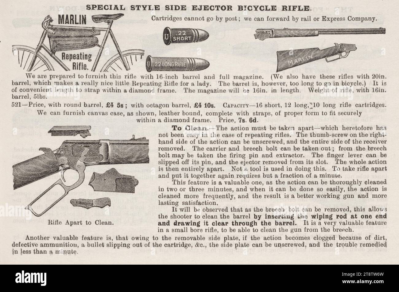 A & W McCarthy (Firm): Fucile da bicicletta a eiettore laterale in stile speciale 1902, un annuncio per un fucile ripetuto Marlin con un'illustrazione di uno attaccato a una bicicletta. Sono mostrate due misure di proiettile, e c'è un'illustrazione del fucile smontato per la pulizia. Il testo fornisce le istruzioni per la pulizia Foto Stock