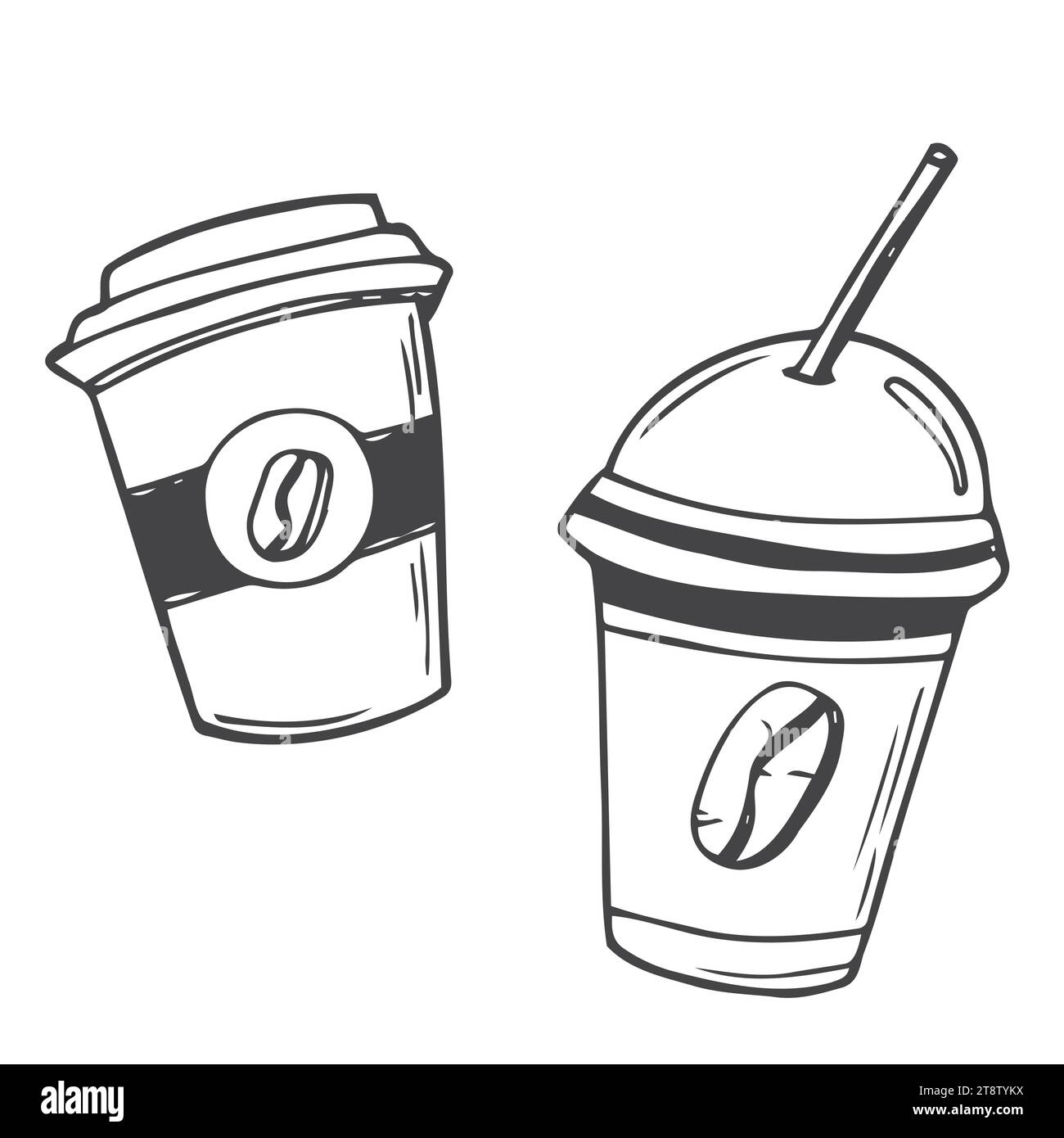 Tazze di carta Coffee To Go disegnate a mano illustrazione vettoriale. Bevande calde da asporto Illustrazione Vettoriale