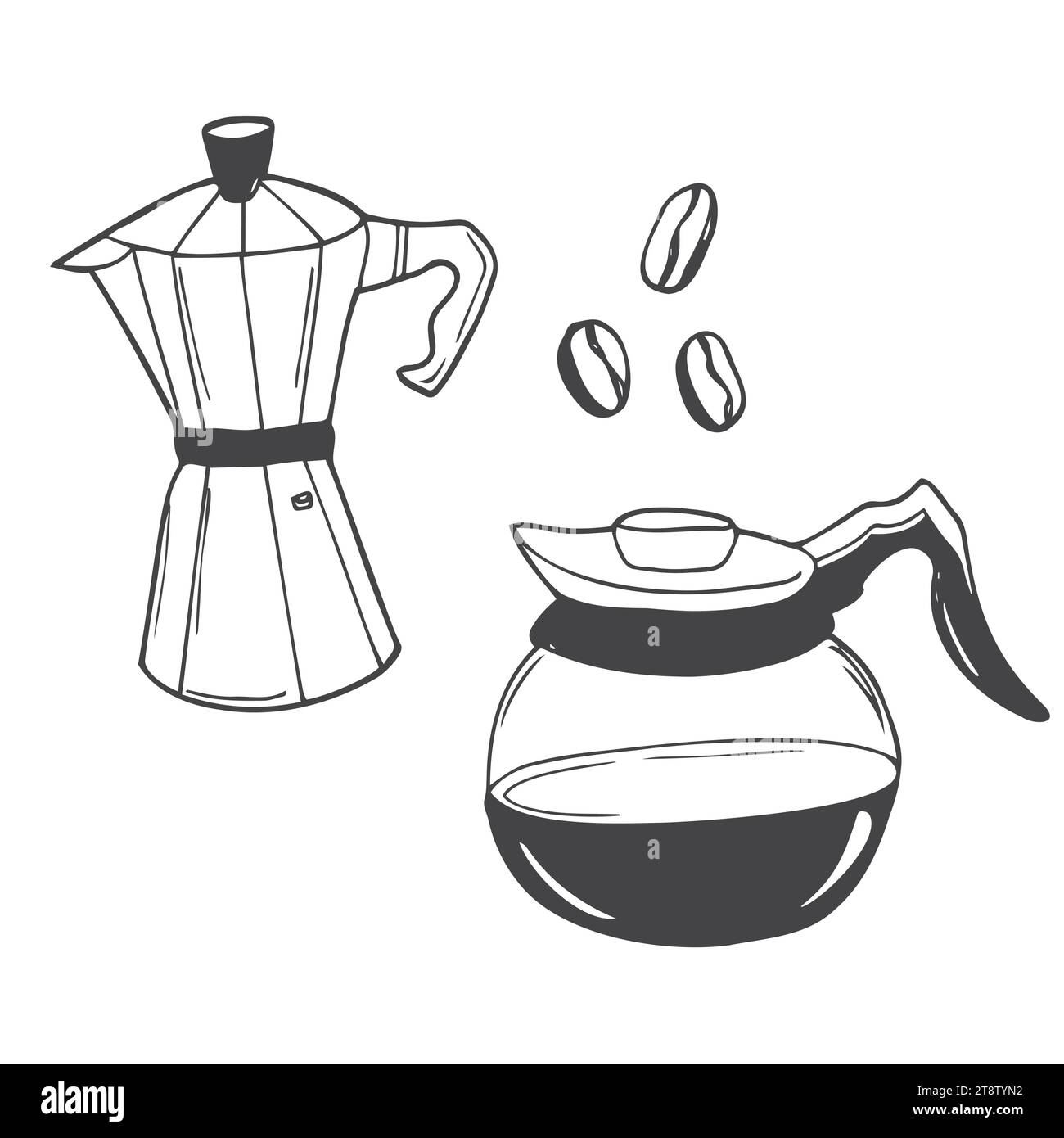 Utensili per preparare il caffè, disegni vettoriali isolati, illustrazione lineare della moka italiana. Stile a inchiostro alla moda, perfetto come icona, logo per il coff Illustrazione Vettoriale