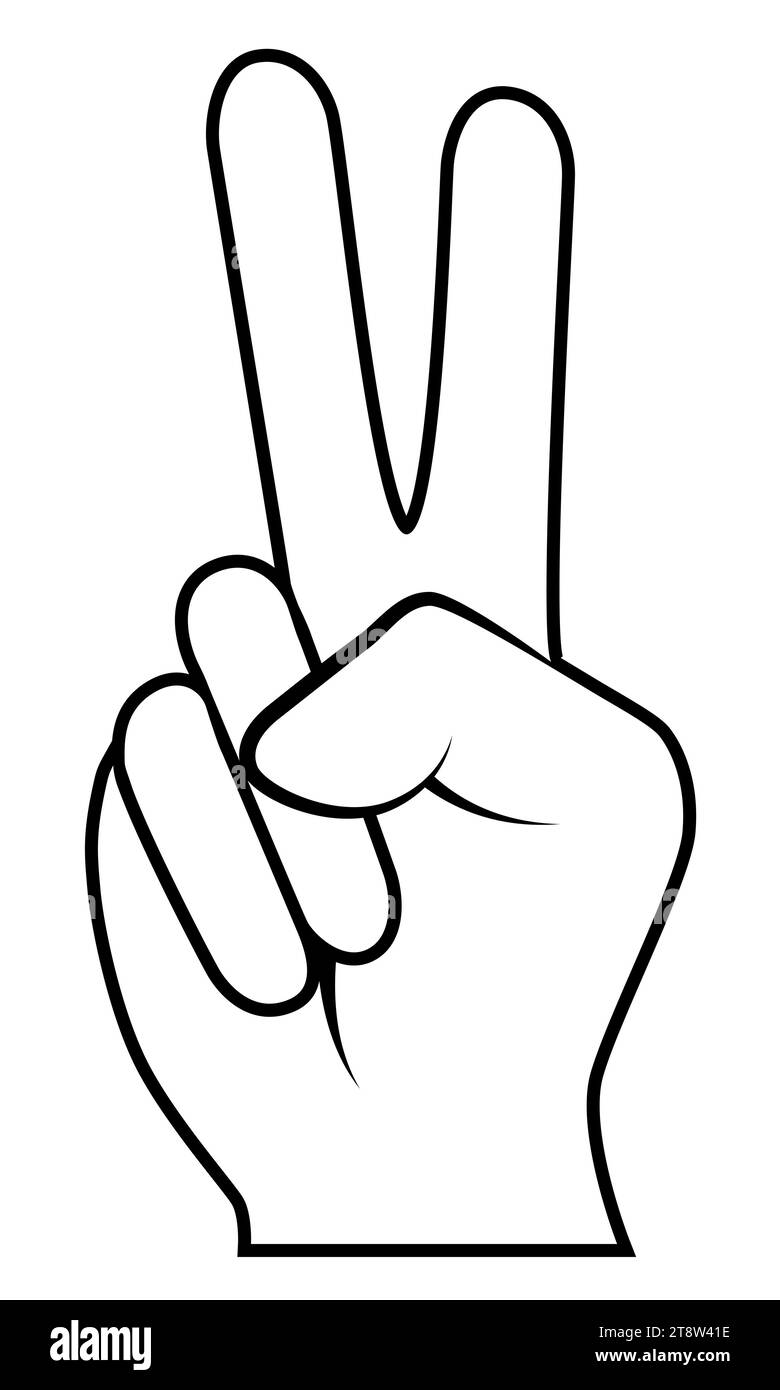Gesto della mano con segno a V con due dita alzate per il simbolo della vittoria e della pace, illustrazione della silhouette vettoriale in bianco e nero Illustrazione Vettoriale