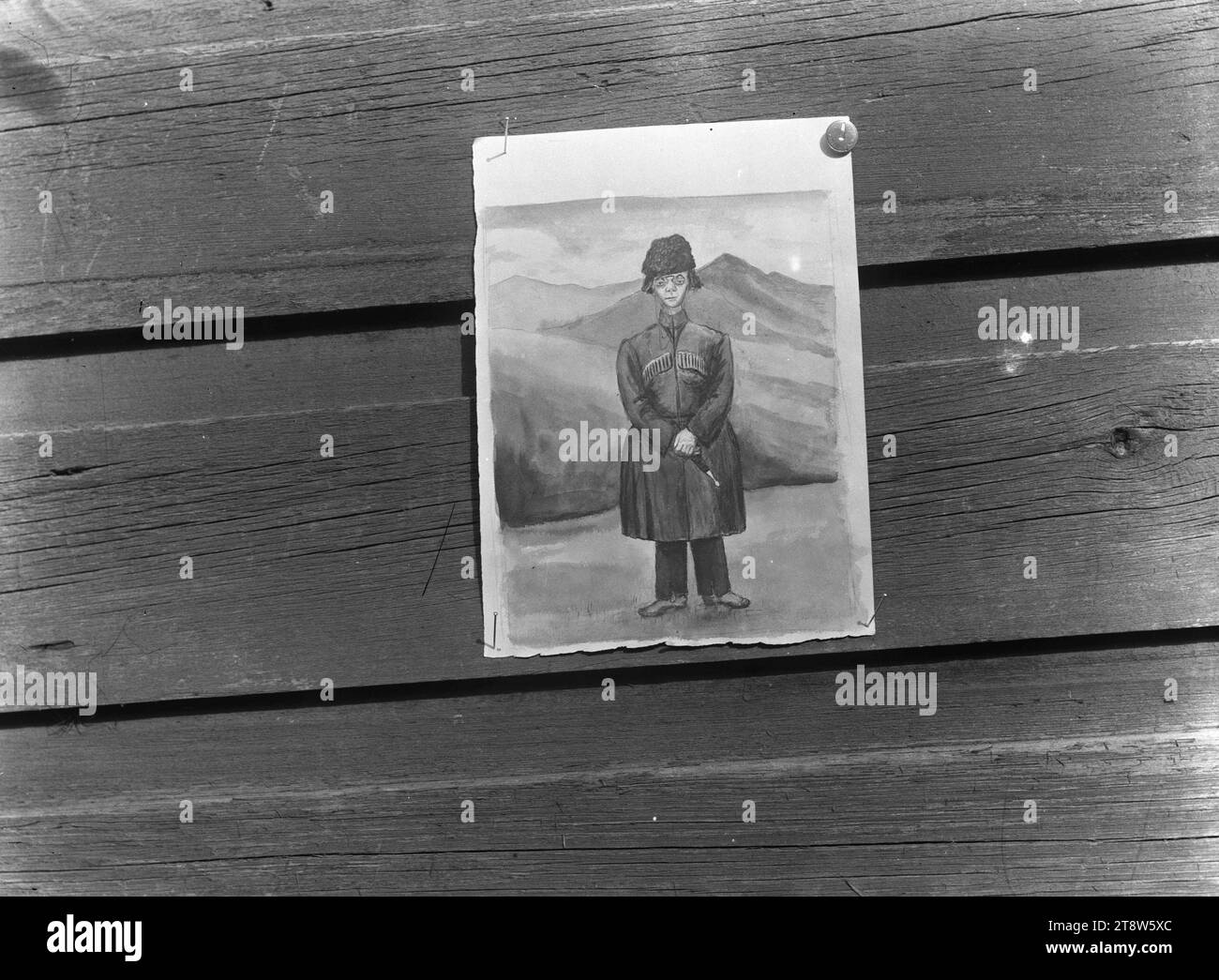 Hugo Simberg, 24.6,1873, Hamina, 12.7,1917, Ähtäri, probabilmente Bulatš Muhamedan, 1899, 129 x 179 mm, man, Niemenlautta, building, yevo, muro, opere d'arte, berretto in pelliccia, uniforme, altre persone Foto Stock