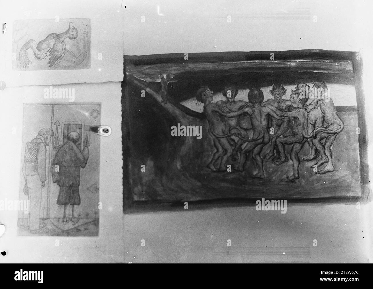 Hugo Simberg, 24.6,1873, Hamina, 12.7,1917, Ähtäri, Big Sail Bird, Peasant and Death at the Gateway of Heaven and the Piirit Dance, 1898, 119 x 164 mm, animale, morte, uccello, scheletro, gateway/gate, vela, opera d'arte, cielo, contadino, altre persone Foto Stock