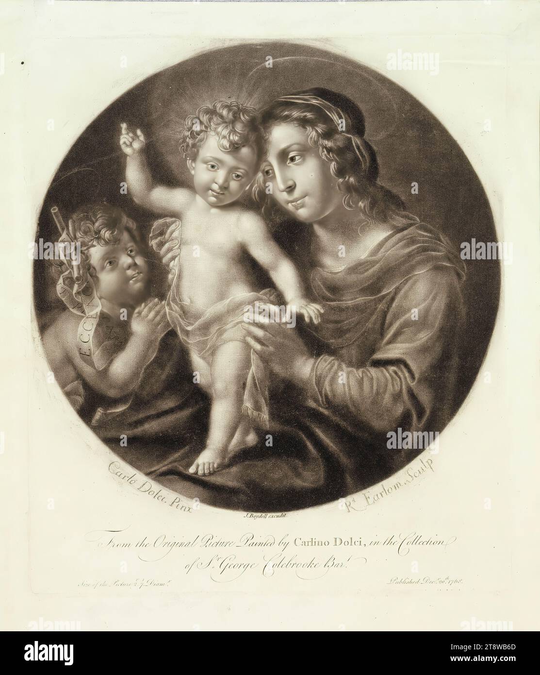 Richard Earlom, 1728, 1794, Madonna col bambino e bambino Giovanni, 1768, 24 x 20,7 cm, mezzotinta Foto Stock