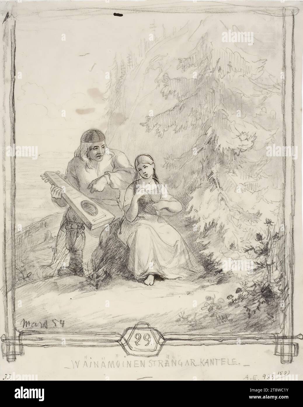 Anders Ekman, 30.3,1833, Vyborg, 1.12.1855, Düsseldorf, Germania, Väinämöinen fissando le corde al kantele, 1854, 25 x 12 cm, matita Foto Stock