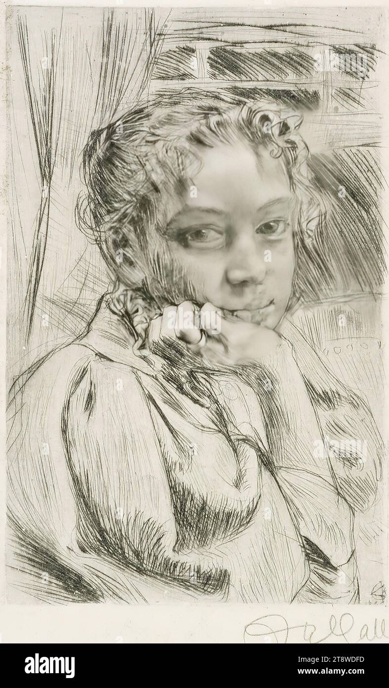 Akseli Gallen-Kallela, 26.4,1865, pori, 7,3.1931, Stoccolma, Svezia, la moglie dell'artista Mary Gallen, un'altra foto dello stesso modello (lavoro a doppia faccia), 1896, 19,2 cm, punto a secco, incisione Foto Stock