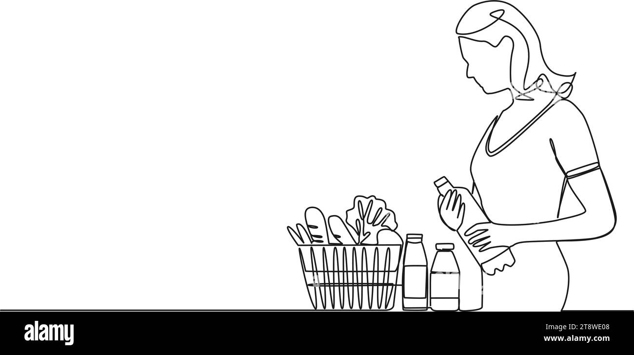 disegno continuo a linea singola di una donna che fa acquisti di generi alimentari, illustrazione vettoriale di disegni d'arte al tratto Illustrazione Vettoriale