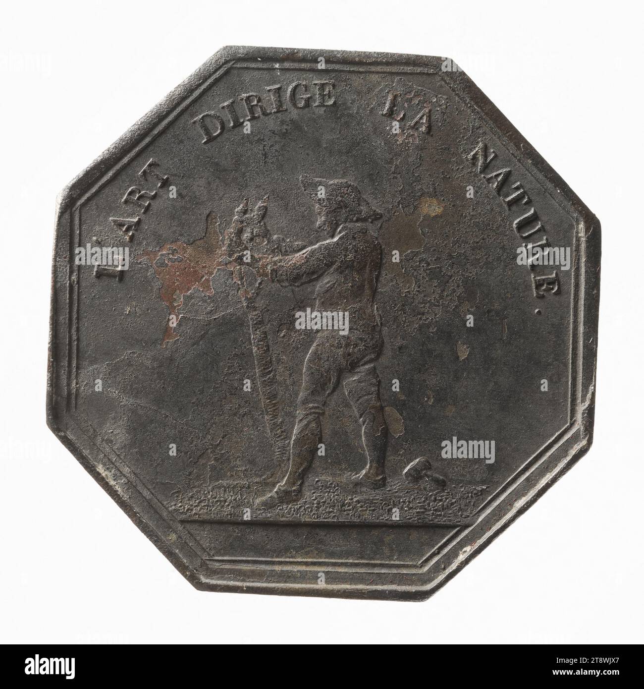 Art dirige la natura ''Alone, i carry the World'', Restauro, Puymaurin, Jean-Pierre Casimir de Marcassus de, baron, Draughtsman, Numismatic, Token (numismatico), bronzo, diametro: 3 cm, peso (tipo dimensione): 19,08 g Foto Stock