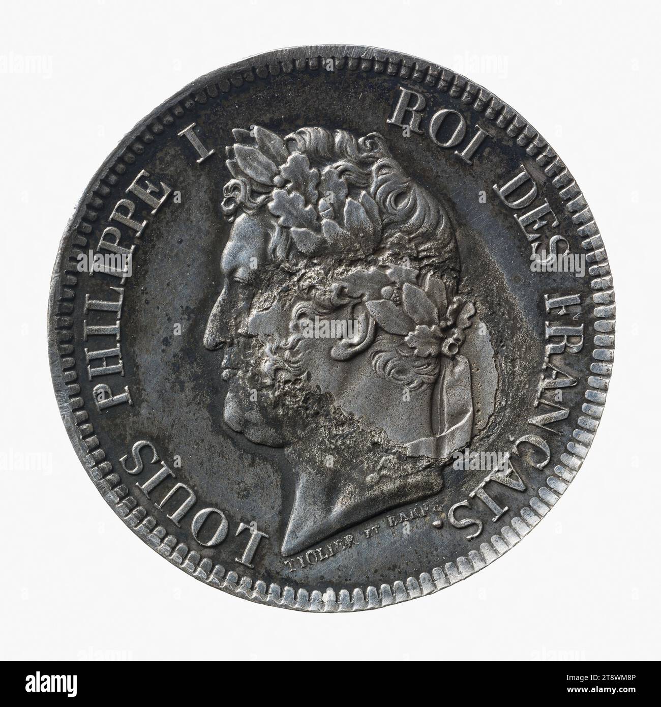 Test per la moneta da 5 centime di franco delle colonie francesi sotto Luigi Filippo, 1839, Tiolier, Nicolas-Pierre, incisore in medaglie, barre, Jacques-Jean, incisore in medaglie, nel 1839, Numismatic, Monnaie, Paris, Paris, diametro: 2,4 cm, peso (tipo dimensione): 11,6 g. Foto Stock