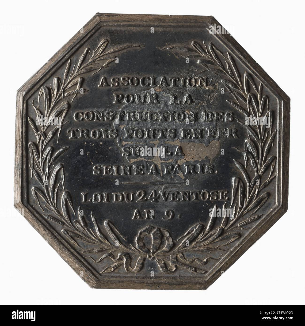 Association pour la Construction des trois ponts en fer sur la Seine à Paris, an IX (1800-1801), Tiolier, Pierre-Joseph, incisore in medaglie, tra 1800 e 1801, Numismatic, Token (numismatico), Silver, diametro: 3,5 cm, peso (dimensione tipo): 16,82 g Foto Stock