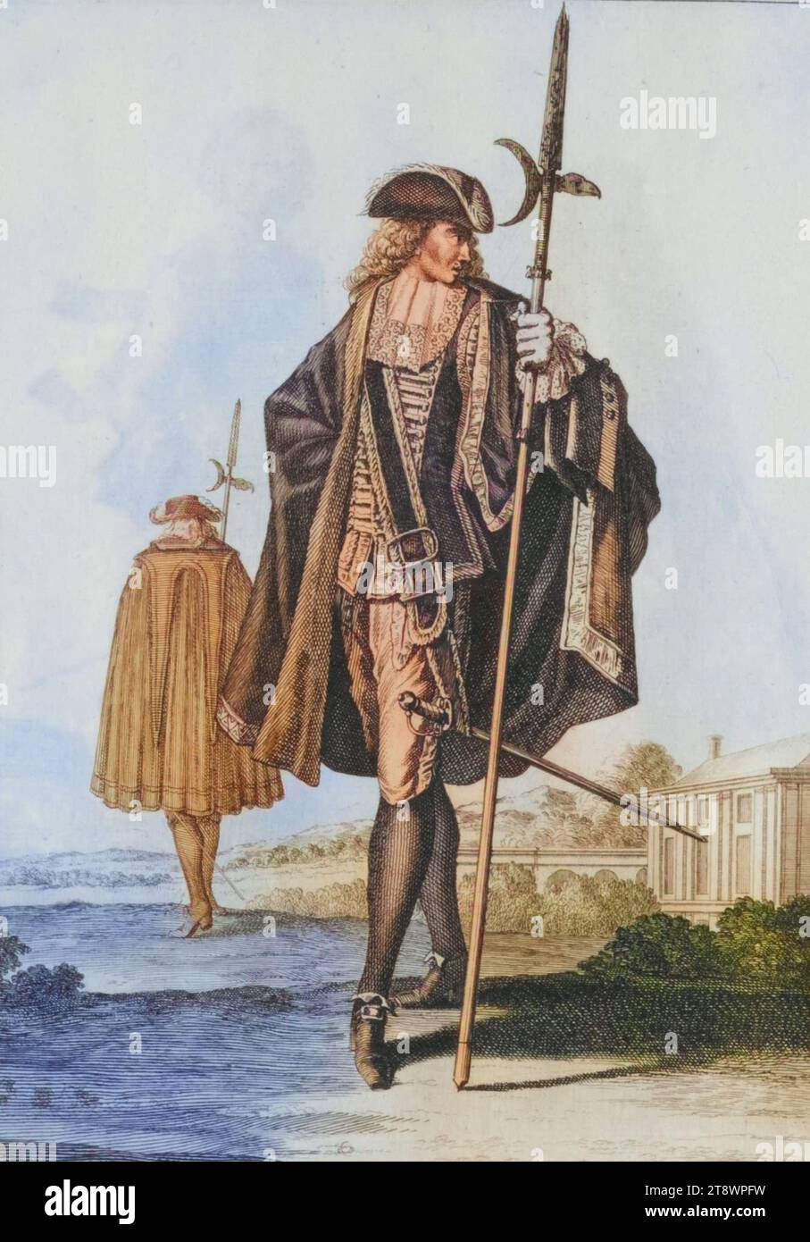 Tracht, Bekleidung, ein kaiserlicher Trabant, besonders im Spätmittelalter und der Frühen Neuzeit dienende Begleiter oder Leibwächter zu Fuß, 1703, Kupferstich von Caspar Luyken von 1703, digital restaurierte Reproduktion von einer Vorlage aus dem 18. Jahrhundert / Tracht, abbigliamento, un trotter imperiale, specialmente nel tardo Medioevo e nel primo periodo moderno servendo compagni o guardie del corpo a piedi, 1703, incisione su copperplate di Caspar Luyken del 1703, riproduzione restaurata digitalmente da un originale del XVIII secolo Foto Stock