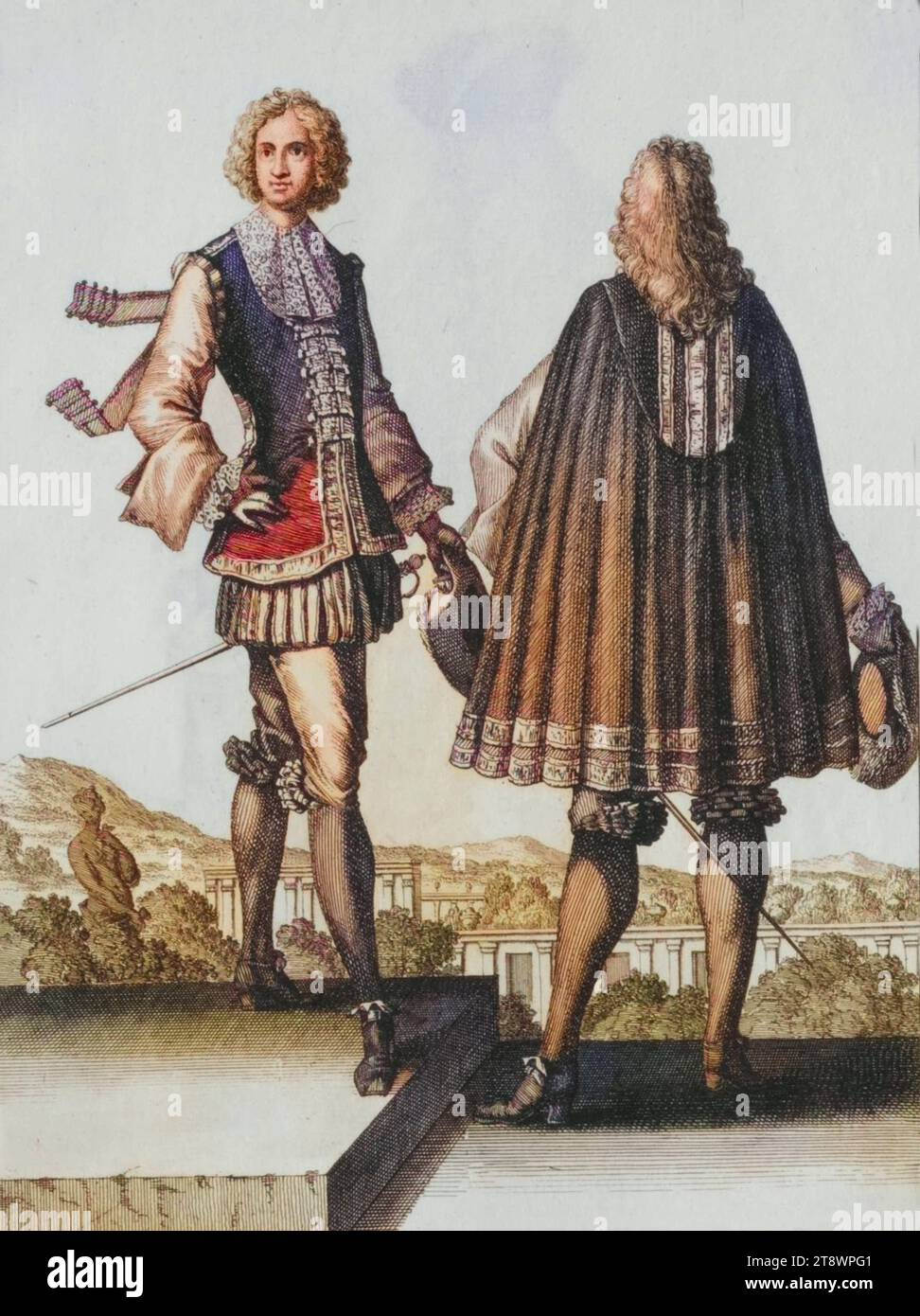 Tracht, Bekleidung, Leib-Laquaijen am Kaiserlichen Hof, Lakei, bezahlter Diener in Livree, 1703, Kupferstich von Caspar Luyken von 1703, digital restaurierte Reproduktion von einer Vorlage aus dem 18. Jahrhundert / Tracht, abbigliamento, un trotter imperiale, specialmente nel tardo Medioevo e nel primo periodo moderno servendo compagni o guardie del corpo a piedi, 1703, incisione su copperplate di Caspar Luyken del 1703, riproduzione restaurata digitalmente da un originale del XVIII secolo Foto Stock