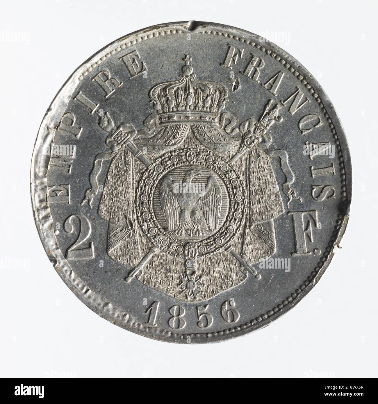 Processo d'argento per la moneta d'argento da 2 franchi di Napoleone III, 1856, Bouvet, Louis-Charles, incisore in medaglie, array, Numismatica, valuta, dimensioni - pezzo: diametro: 2,7 cm, peso (tipo dimensione): 9,14 g. Foto Stock