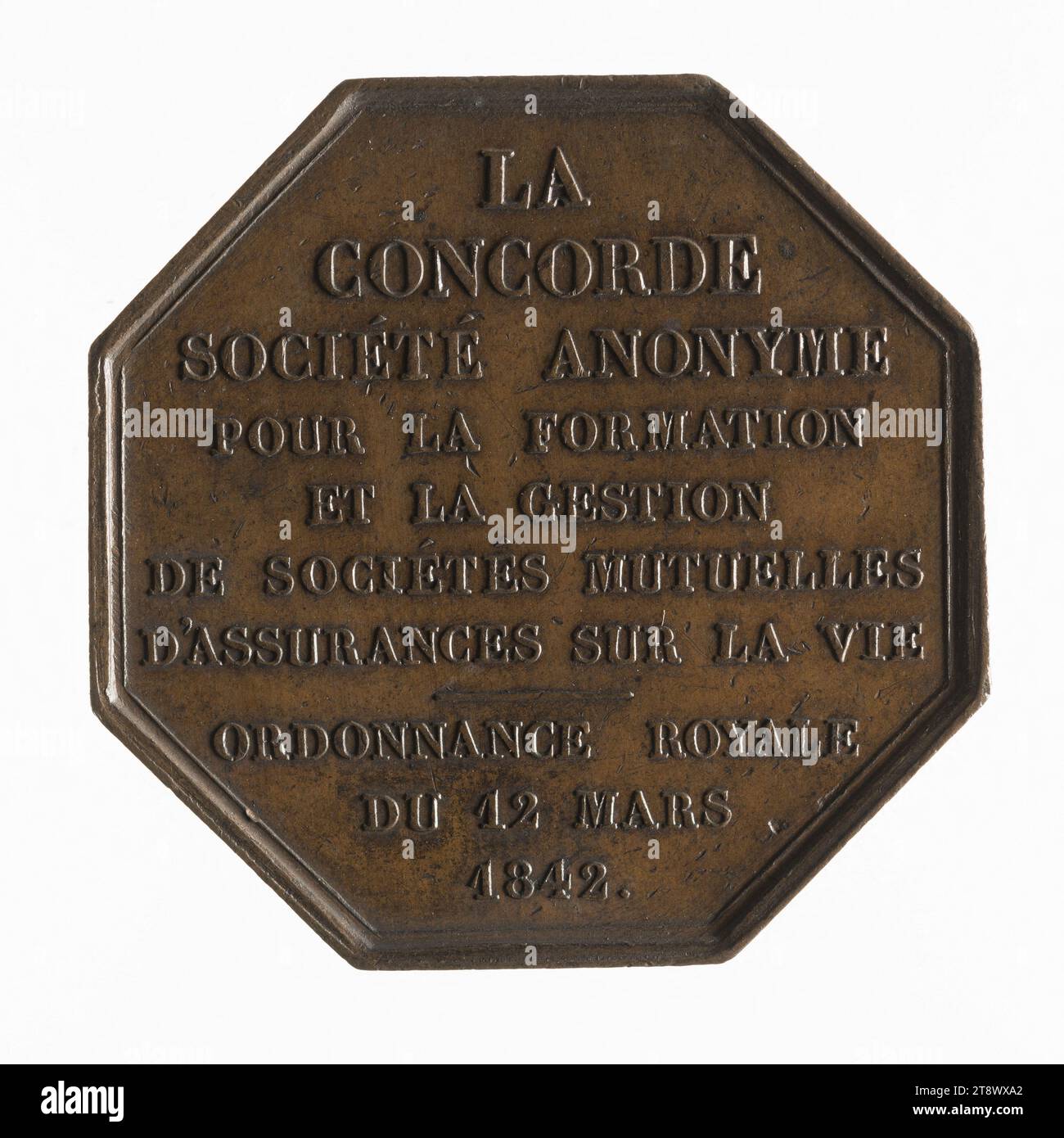 La Concorde: Public Limited Company for the formation and management of Mutual Life Insurance companies, 12 marzo 1842, Bovy, Antoine, incisore in medaglie, nel 1842, Numismatics, Token (numismatics), rame, dimensioni - pezzo: diametro: 3,6 cm, peso (dimensione tipo): 20,4 g. Foto Stock