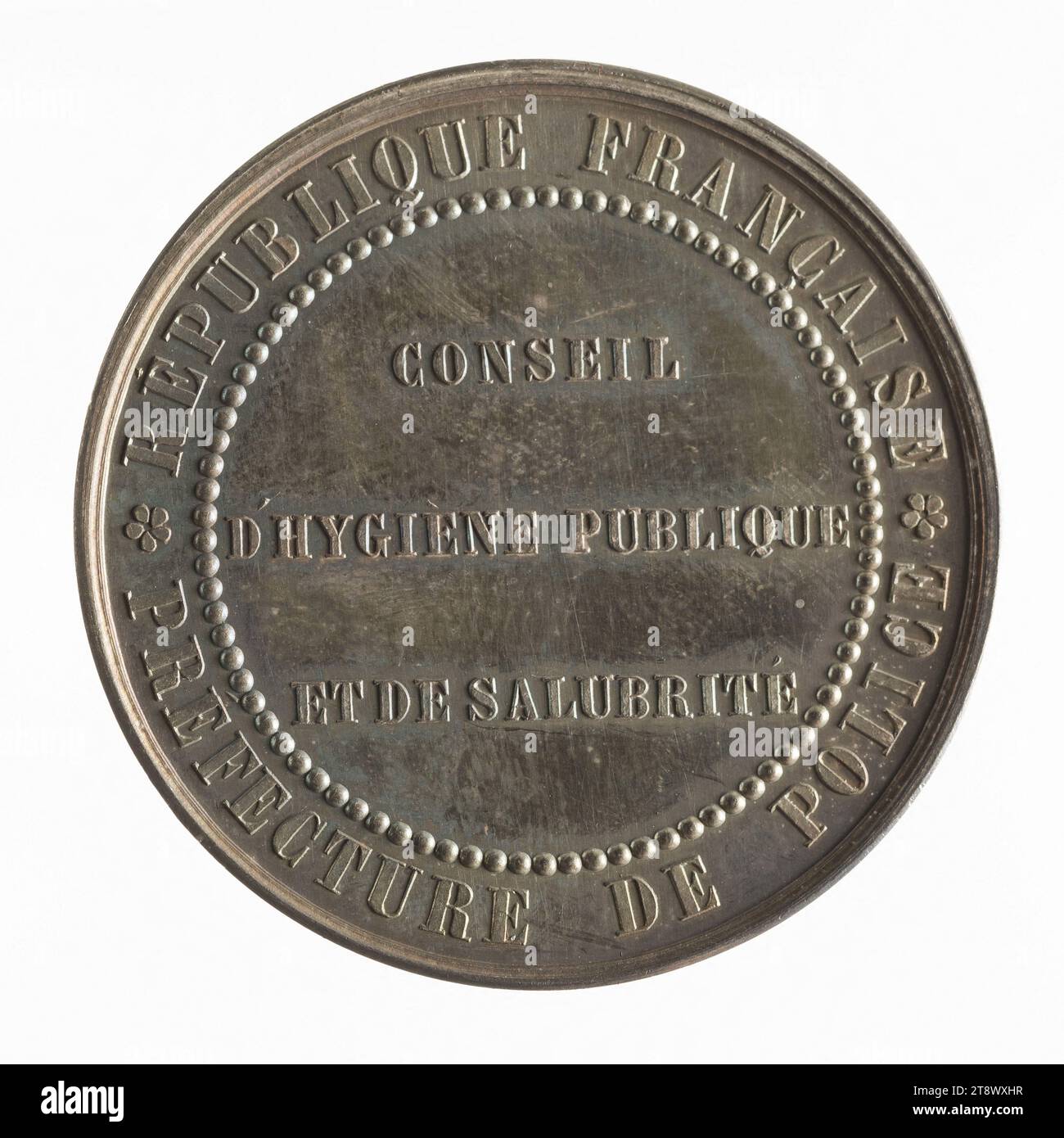 Consiglio pubblico di igiene e igiene della Prefettura di polizia di Parigi, XIX secolo, Brenet, Nicolas, incisore in medaglie, XIX secolo, Numismatica, Token (numismatica), Argento, dimensioni - lavoro: diametro: 4,2 cm, peso (tipo dimensione): 38,22 g. Foto Stock