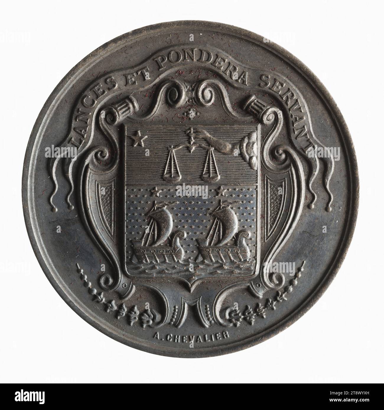 Grocery Trade Union, 19th Century, Chevalier, A., incisore in medaglie, XIX secolo, Numismatica, Token (numismatica), Argento, dimensioni - lavoro: diametro: 3 cm, peso (tipo dimensione): 12,4 g. Foto Stock