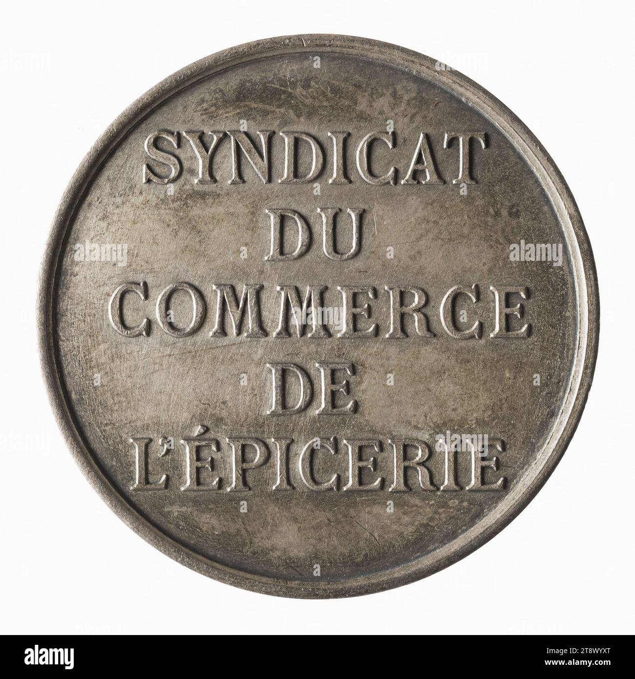 Grocery Trade Union, 19th Century, Chevalier, A., incisore in medaglie, XIX secolo, Numismatica, Token (numismatica), Argento, dimensioni - lavoro: diametro: 3 cm, peso (tipo dimensione): 12,4 g. Foto Stock