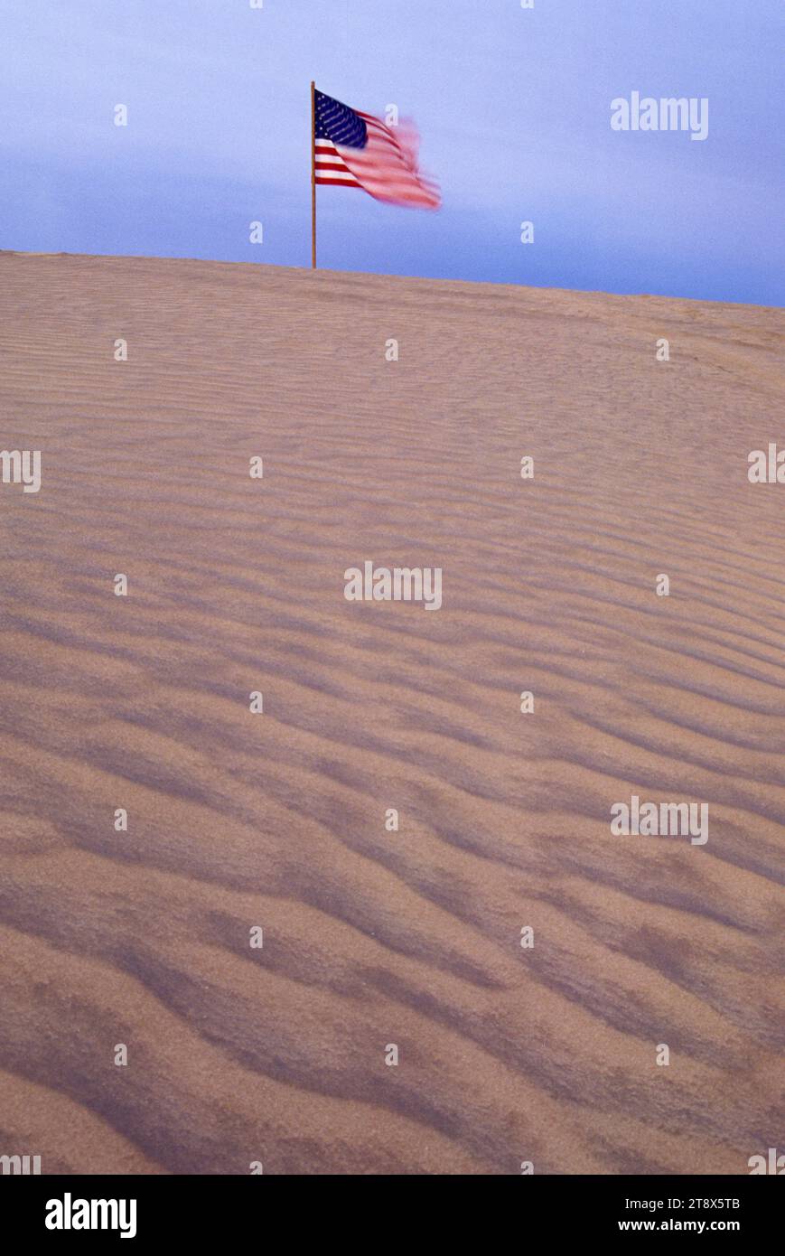 Le dune di sabbia con bandiera americana, Valle di Natale dune di sabbia del deserto Area Studio, Natale Valley National paese indietro Byway, Oregon Foto Stock