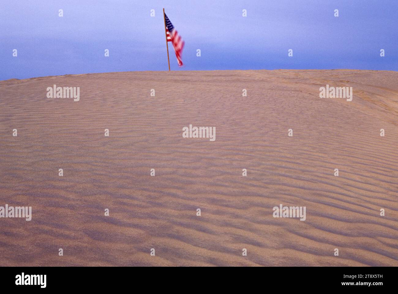 Le dune di sabbia con bandiera americana, Valle di Natale dune di sabbia del deserto Area Studio, Natale Valley National paese indietro Byway, Oregon Foto Stock