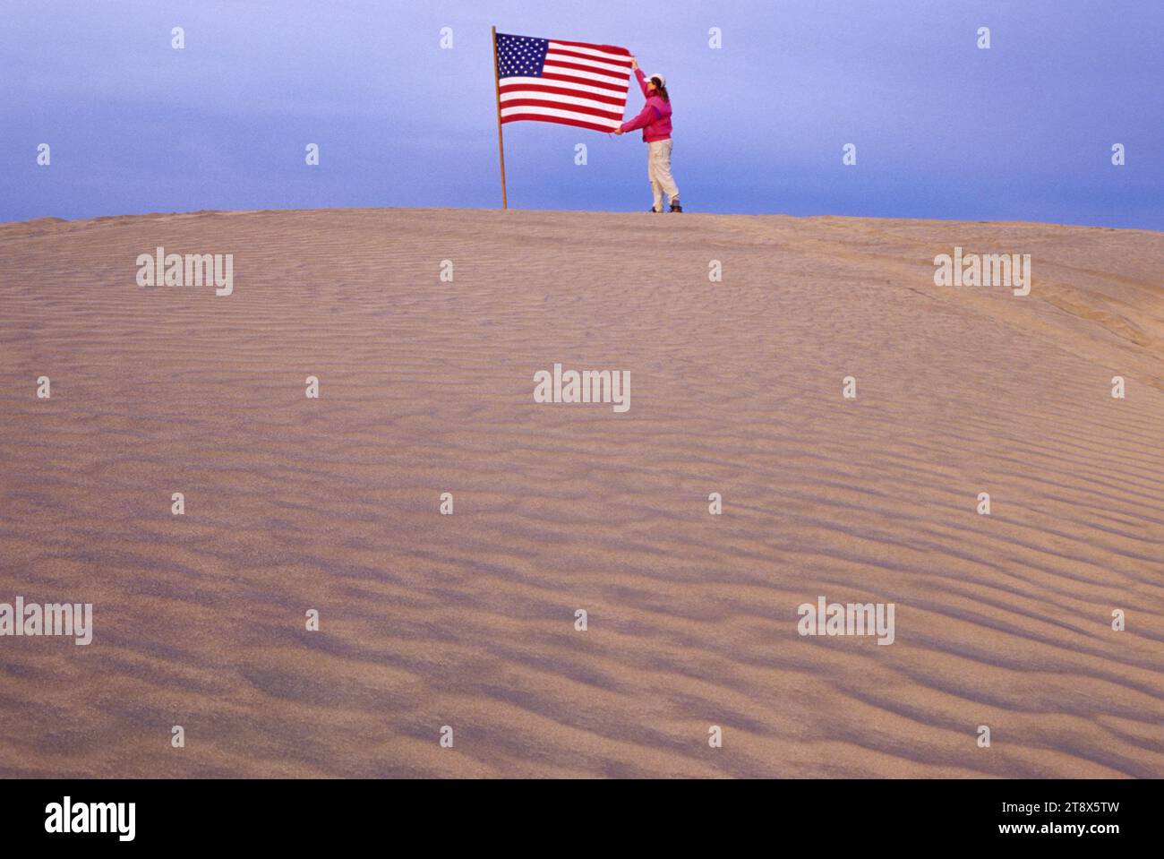 Le dune di sabbia con bandiera americana, Valle di Natale dune di sabbia del deserto Area Studio, Natale Valley National paese indietro Byway, Oregon Foto Stock