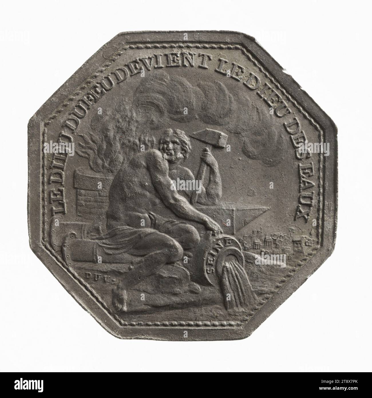 Il dio del fuoco diventa il dio dell'acqua", XVIII secolo, Duvivier, Pierre Simon Benjamin, incisore in medaglie, XVIII secolo, Numismatica, Token (numismatica), stagno, dimensioni - lavoro: diametro: 3,6 cm, peso (tipo dimensione): 8,8 g. Foto Stock