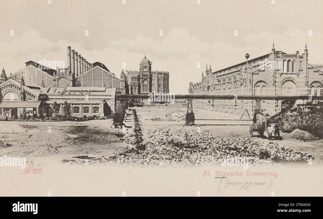 11th, Eyzinggasse 12 - Municipal gasworks in Simmering, cartolina fotografica, Sperlings Postkartenverlag (M. S.), Producer, 1900-1905, Paperboard, Collotype, altezza x larghezza 9 x 14 cm, fornitura, 11° distretto: sobbollitura, gasworks, carro (agricolo), carro merci, carrello, con persone, la Vienna Collection Foto Stock
