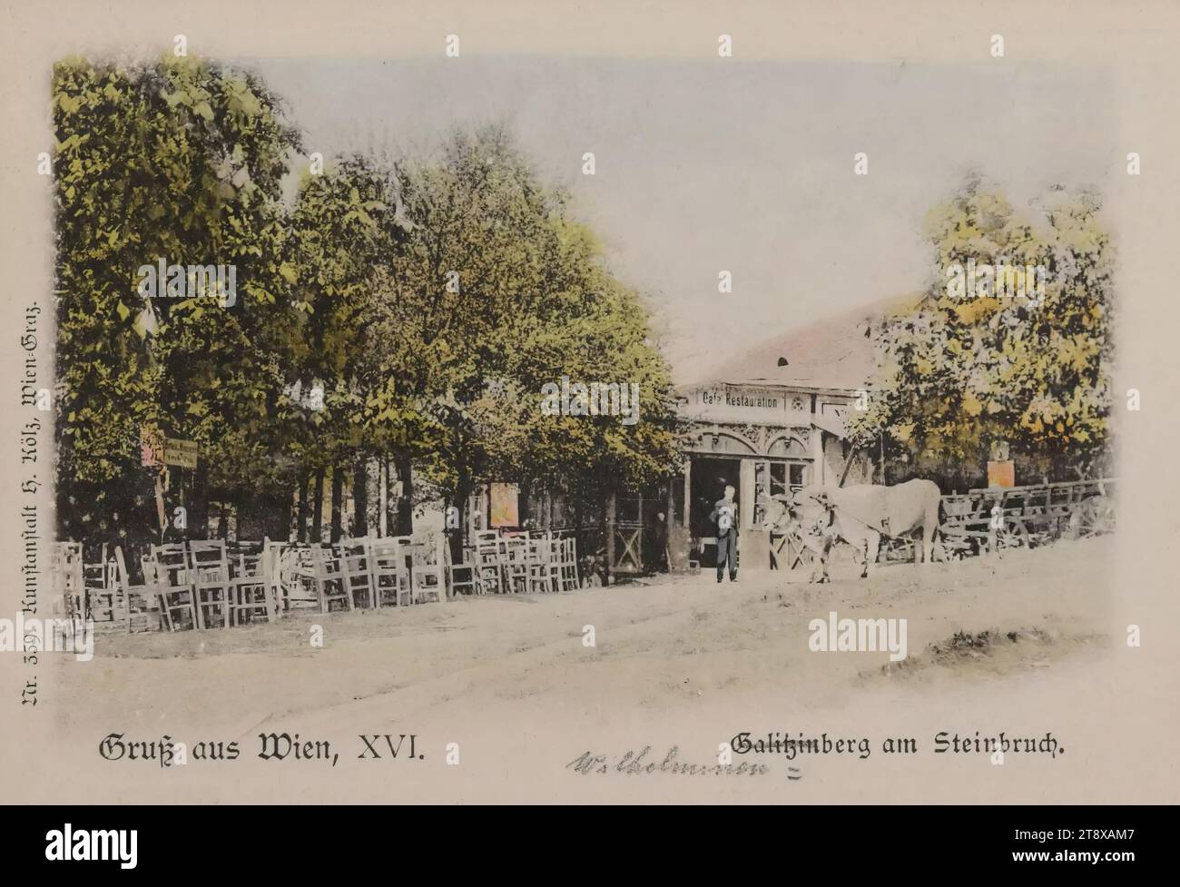 16, Gallitzinberg, Wilhelminenberg am Steinbruch, cartolina fotografica, Heinrich Kölz (NOI), produttore, 1900-1905, cartone, stampa rilievo, collotipo, colorato a mano, altezza x larghezza 9 x 14 cm, Vienna Woods, Hotel and Restaurant Industry, 16° distretto: Ottakring, carro (agricolo), carro merci, carrello, con le persone, la Vienna Collection Foto Stock