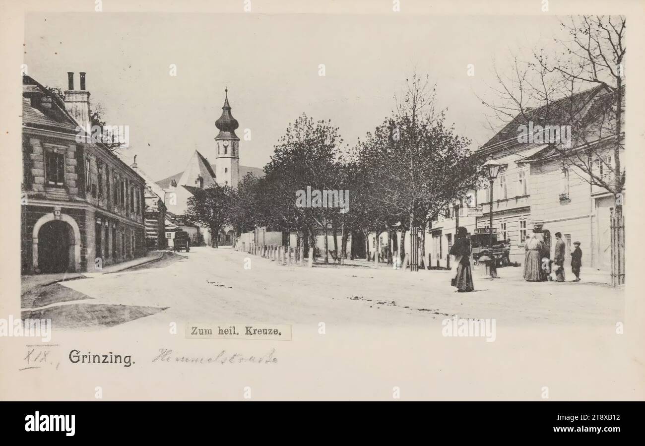 19th, Grinzing - Himmelstraße - view Against Grinzing Church, picture Postcard, Brüder Kohn KG (B. K. W. I.), fabbricante, data intorno al 1900, cartone, colloype, altezza x larghezza 9 x 14 cm, 19° distretto: Döbling, chiesa (esterna), strada, la solita casa o fila di case, con persone, Grinzing, la Vienna Collection Foto Stock